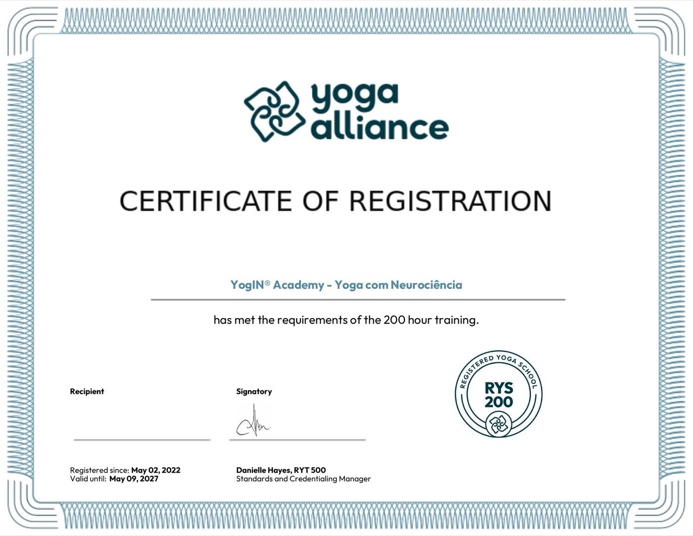 Certificate of Registration do Yoga Alliance em nome de YogIN Academy - Yoga com Neurociencia, RYS 200, registrada desde 2 de maio de 2022