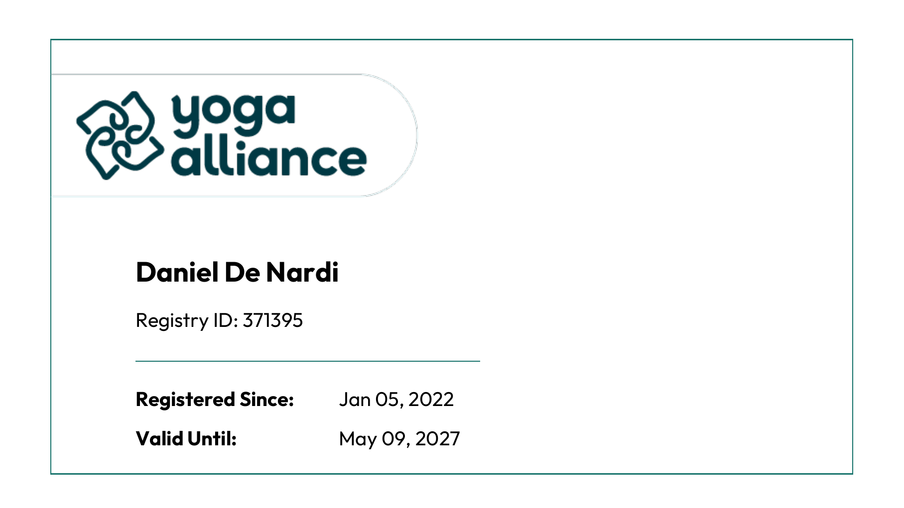 Cart&atilde;o de registro do Yoga Alliance em nome de Daniel De Nardi, registro 371395, desde 5 de janeiro de 2022